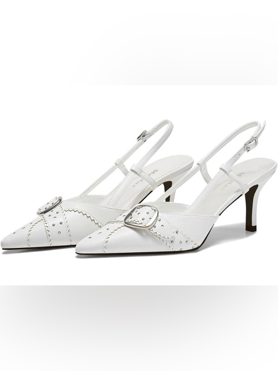 Shoes - White Slingback Pointed Toe Heels with Buckle